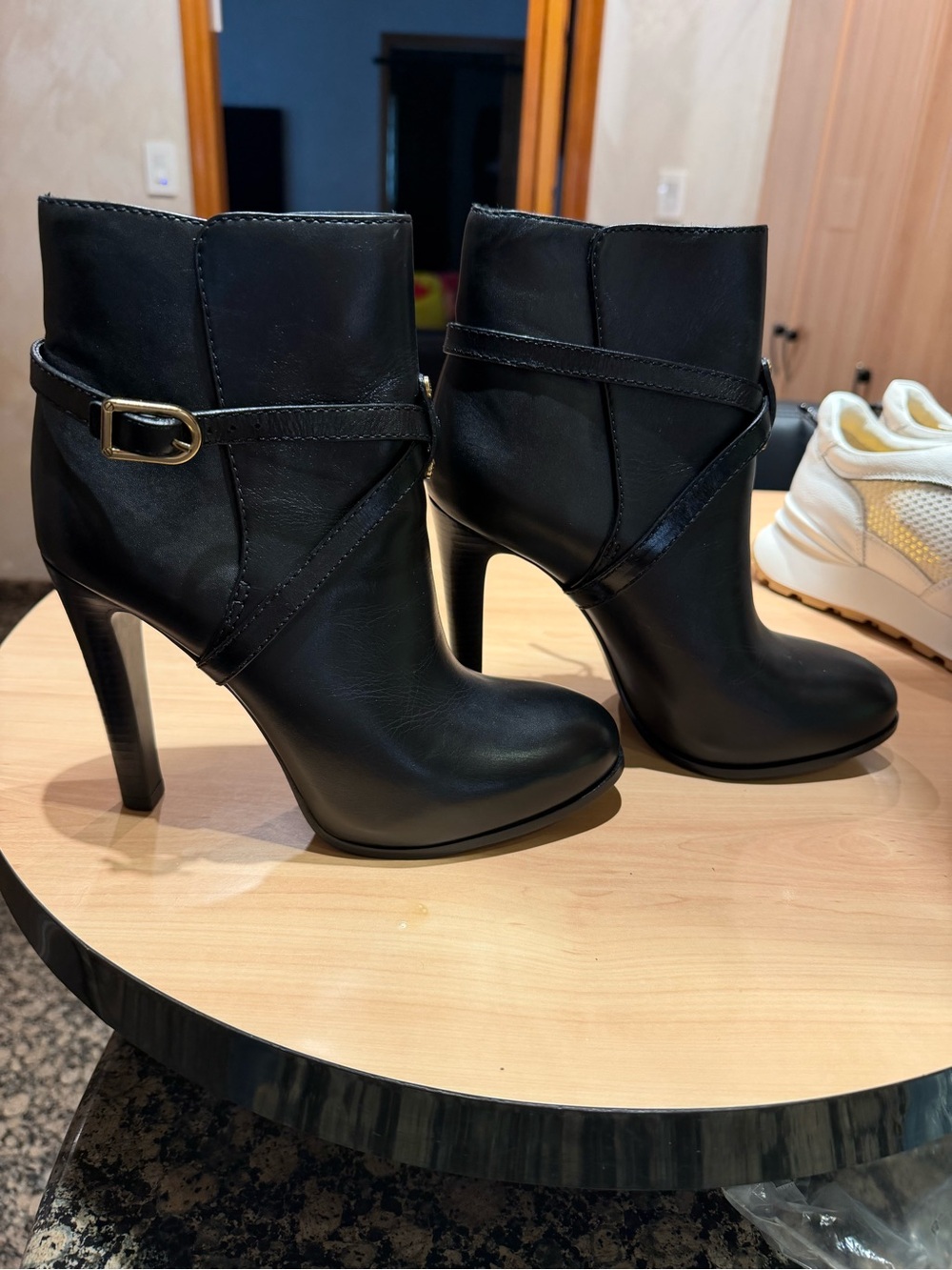 Tory Burch Black Leather High-Heel Ankle Boots with Buckle Strap